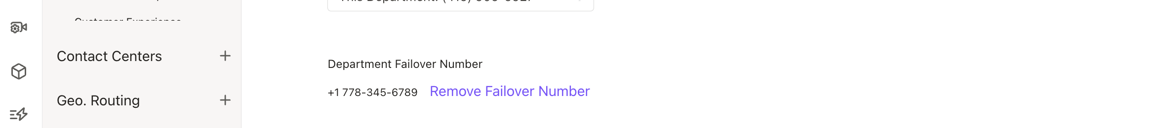 Menu options for contact centers and department failover number displayed on the screen.